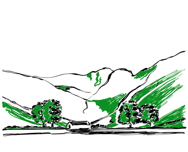En sökväg i bergen skissen. Bakgrund med träd och hill — Stock vektor