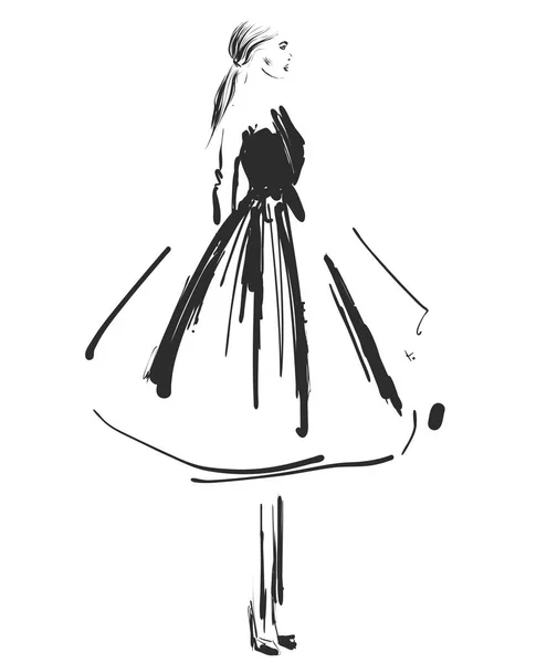 Menina bonita no vestido. Desenho de esboço modelo de moda . —  Vetores de Stock