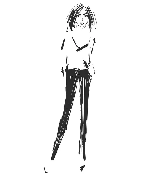 Modelo de moda. Boceto. Ilustración vectorial. Chica en la camisa y los pantalones — Vector de stock