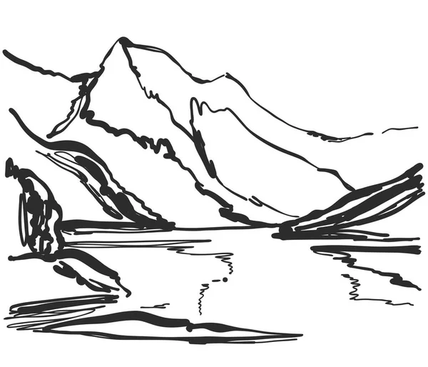 Contours delle montagne incisione vettoriale illustrazione, disegnato a mano, schizzo — Vettoriale Stock