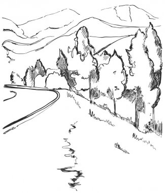 Kırsal kesimde yol. Elle çizilmiş yatay kroki. Dağlar