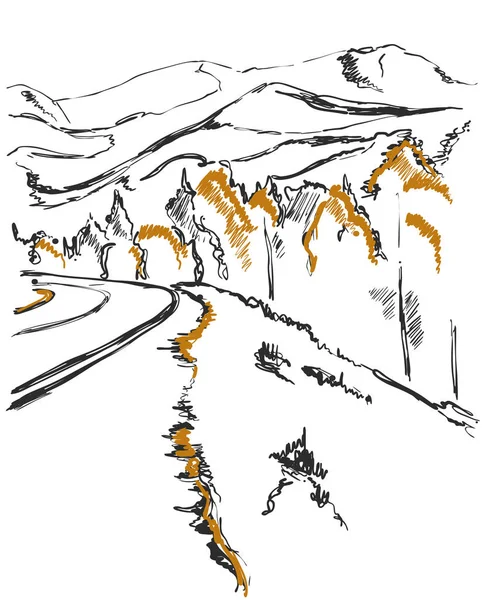 Un sentiero in montagna abbozzo. Sfondo con bosco e collina — Vettoriale Stock