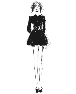 Güzel genç kız elbise. Moda modeli kroki çizim.