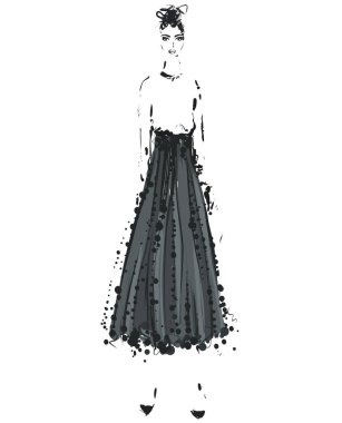 Güzel genç kız gömlek ve etek. Moda modeli kroki çizim.