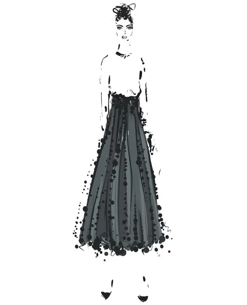 Vacker ung flicka i skjorta och kjol. Mode modell skiss teckning. — Stock vektor