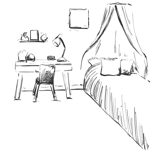 手绘儿童房。家具的素描。婴儿床 — 图库矢量图片