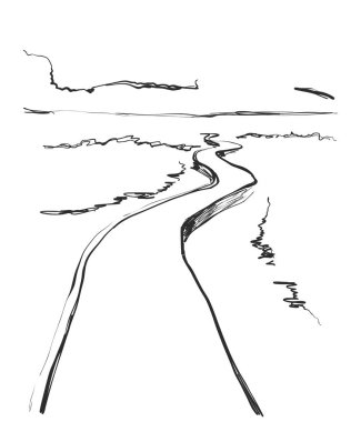 Kırsal kesimde yol. Elle çizilmiş yatay kroki. Dağlar