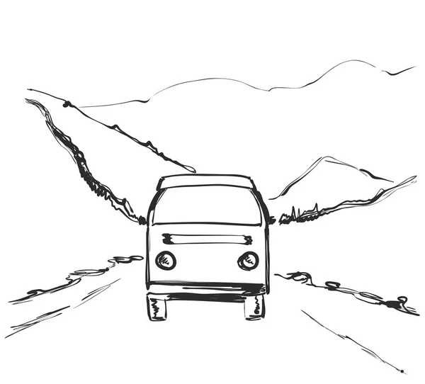 Travel bus hand drawn illustration. Road near mountains — Stock Vector