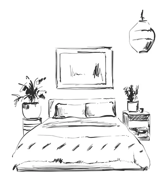 寝室モダンなインテリアのスケッチ。手描きの家具 — ストックベクタ