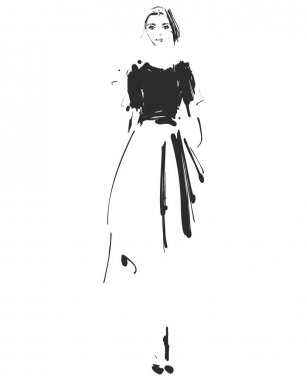 Güzel genç kız için tasarım. Moda modeli kroki çizim. Siyah uzun elbise.