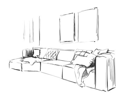 Modern iç Oda kroki. Elle çizilmiş kanepe.