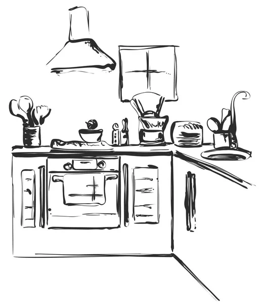 Dibujo interior de cocina, ilustración vectorial. Esbozo de muebles — Archivo Imágenes Vectoriales