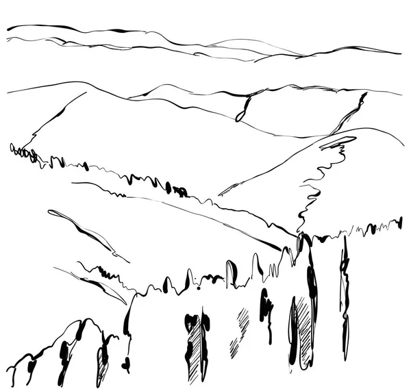 Ilustração vetorial da paisagem. Desenhos de montanhas desenhados à mão —  Vetores de Stock