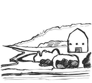 Kırsal kesimde yol. Elle çizilmiş yatay kroki. Alanları