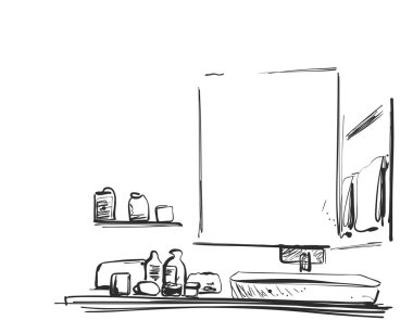 El çekilmiş banyo iç. Ayna, lavabo ve musluk kroki