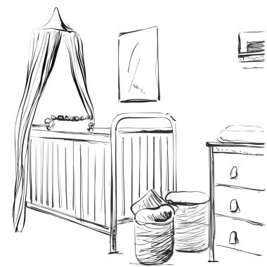 Çocuk odası el çekilmiş. Mobilya kroki. Bebek yatağı