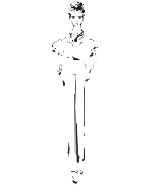 Bir modeldir. Kroki. Vektör çizim. Kız gömlek ve pantolon