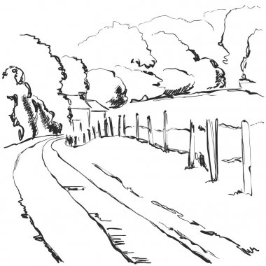 Sketch vektör yapılmış. Köy manzara. Alanları, tepeden, ağaç.