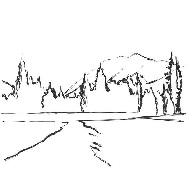 农村的道路。手绘山水素描。字段 — 图库矢量图片