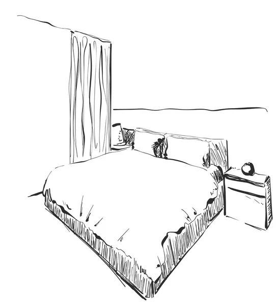 Chambre à coucher moderne croquis intérieur. Meubles dessinés main — Image vectorielle