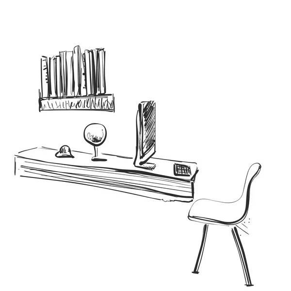 Mesa con un ordenador o lugar de trabajo dibujado a mano estilo garabato . — Vector de stock