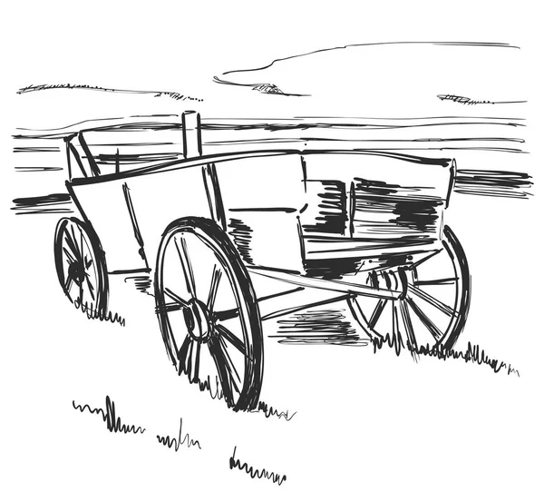 Dibujando un carro viejo. Esbozo de paisaje. Campos y cosecha — Vector de stock