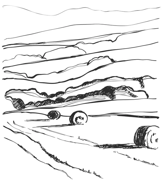 Vector hecho a mano dibujando paisaje. Campos, cosecha, agricultura — Vector de stock