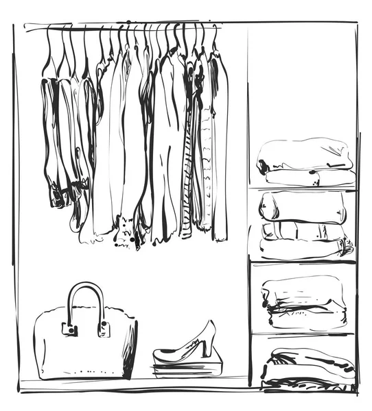 Schizzo dell'armadio disegnato a mano. Vestiti della gruccia . — Vettoriale Stock