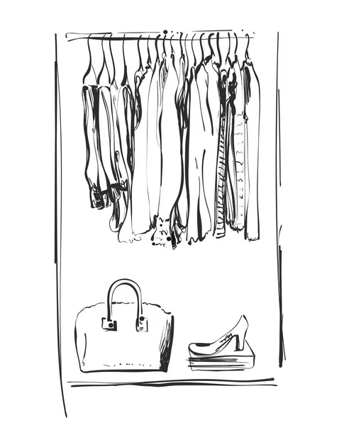 Schizzo dell'armadio disegnato a mano. Vestiti della gruccia . — Vettoriale Stock
