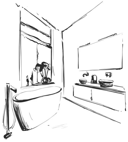 Ручной рисунок интерьера ванной комнаты. Рисунок умывальника, зеркала и крана — стоковый вектор