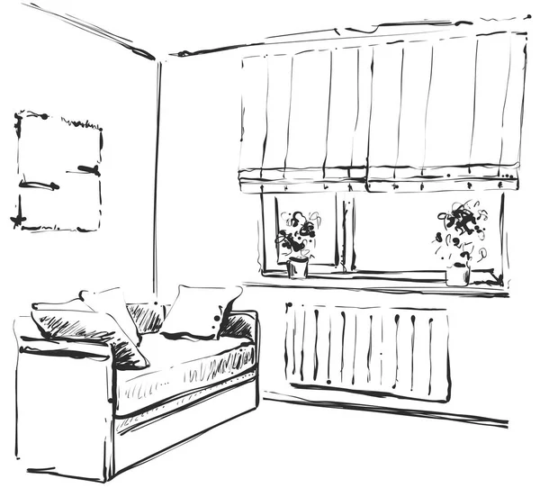 Esquisse dessinée à la main de l'intérieur du salon moderne avec un canapé et beaucoup d'oreillers, lampe design et petite table basse . — Image vectorielle
