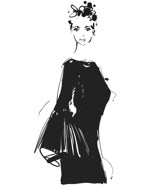 Beautiful young girl in the dress. Fashion model sketch drawing. — Stock Vector