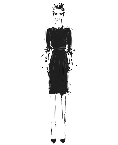 Menina bonita no vestido. Desenho de esboço modelo de moda . — Vetor de Stock