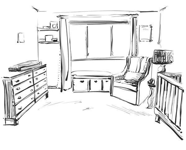 手绘儿童房。家具的素描。婴儿床 — 图库矢量图片