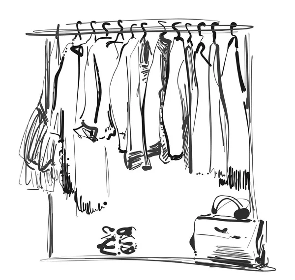 Hand drawn wardrobe sketch. Clothes of the hanger. — Stock Vector
