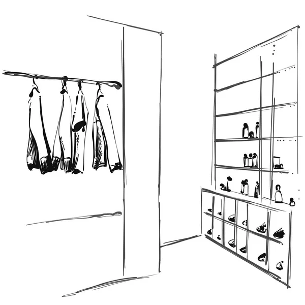 Croquis d'armoire dessiné à la main. Les vêtements du cintre. Chaussures sur étagères — Image vectorielle