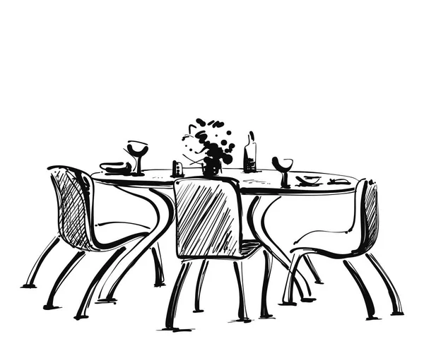 Silla y mesa con bebida y platos. Cena. Esbozo de muebles — Vector de stock