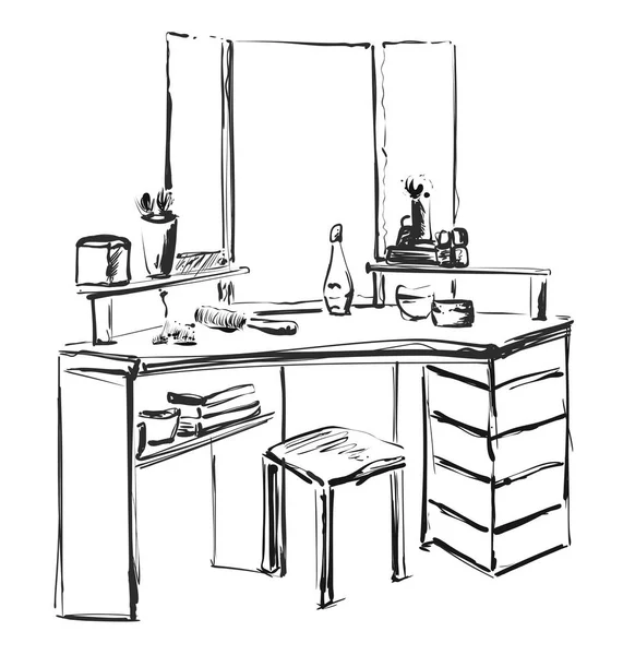 Toaletní stolek se zrcadlem. Vektorové skici. Nábytek — Stockový vektor