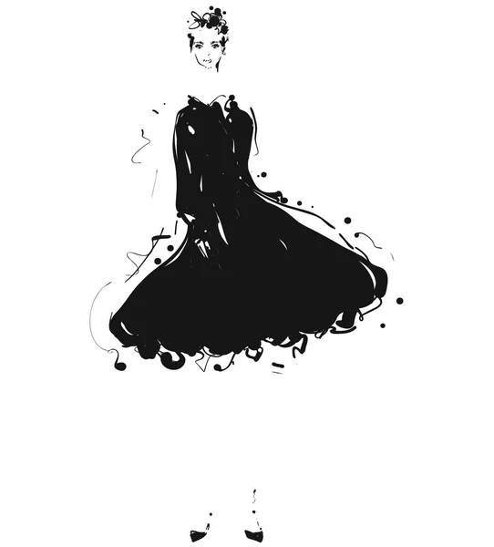 Vacker ung flicka i klänning. Mode modell skiss teckning. — Stock vektor