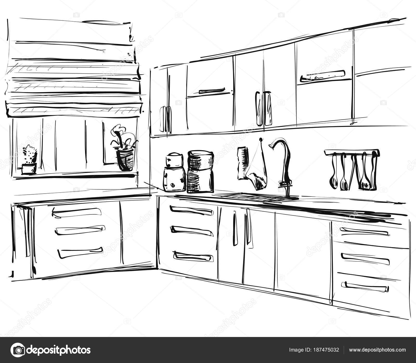 Kitchen interior drawing, vector illustration. Furniture sketch — Stock