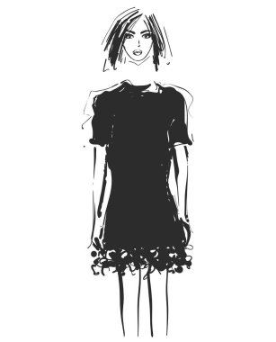 Güzel genç kız elbise. Moda modeli kroki çizim.