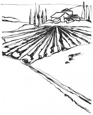 Çiftlik Hills çizim. Manzara kroki. Alan ve ev.