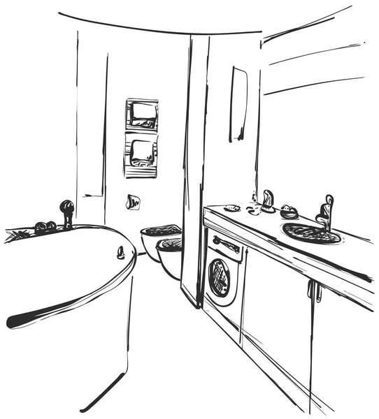 Tangan digambar interior kamar mandi. Cermin, wastafel dan perabotan lainnya - Stok Vektor