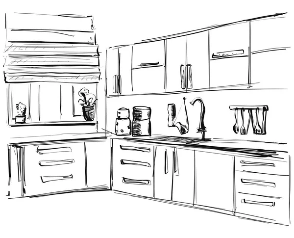 Cuisine dessin intérieur, illustration vectorielle. Croquis de meubles — Image vectorielle
