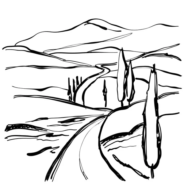 Mountain road grafisk konst svart vita landskap illustration — Stock vektor