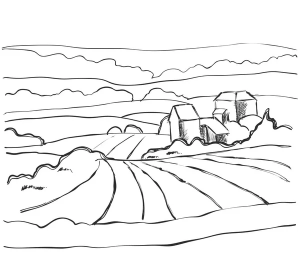 Farm Hills Drawing. Esbozo de paisaje. Campo y casa . — Vector de stock