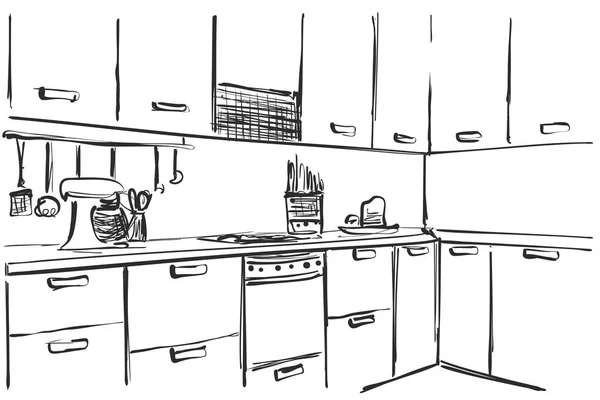 Рисунок интерьера кухни, векторная иллюстрация. Эскиз мебели — стоковый вектор
