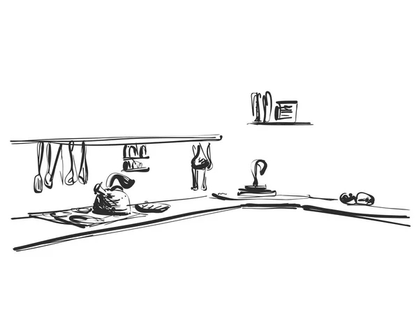 Kuchnia wnętrz rysunku, ilustracji wektorowych. Meble szkicu — Wektor stockowy