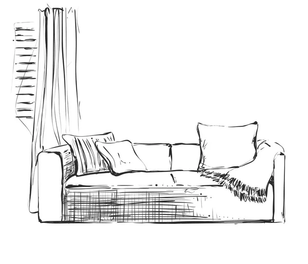 Esboço de quarto interior moderno. Sofá desenhado à mão . —  Vetores de Stock