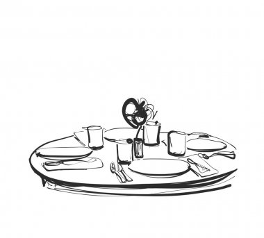 Yemek masası ile gözlük şarap ve çiçek, elle çizilmiş kroki